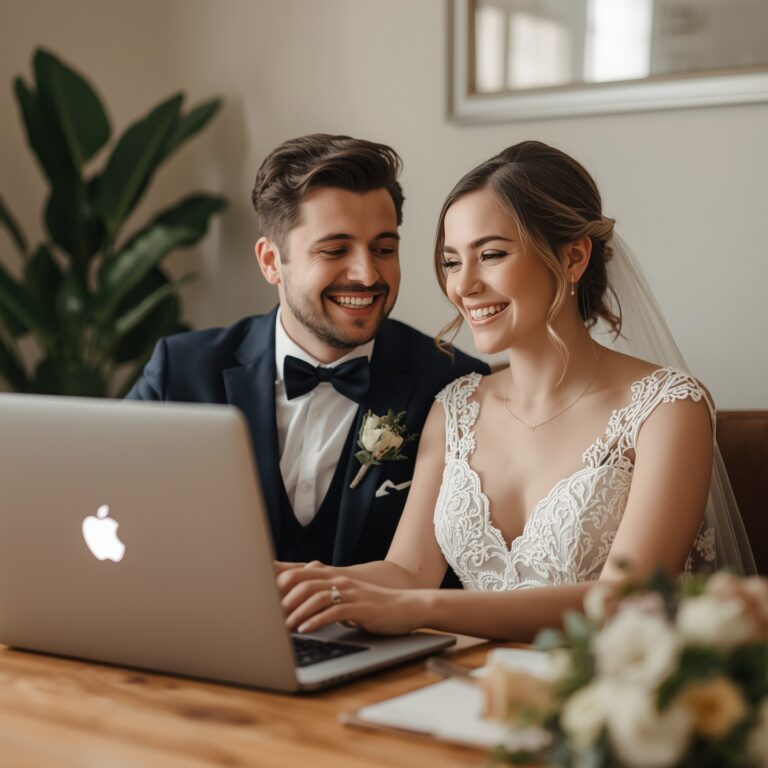 Lucid_Origin_A_happy_couple_smiling_during_an_online_wedding_c_0
