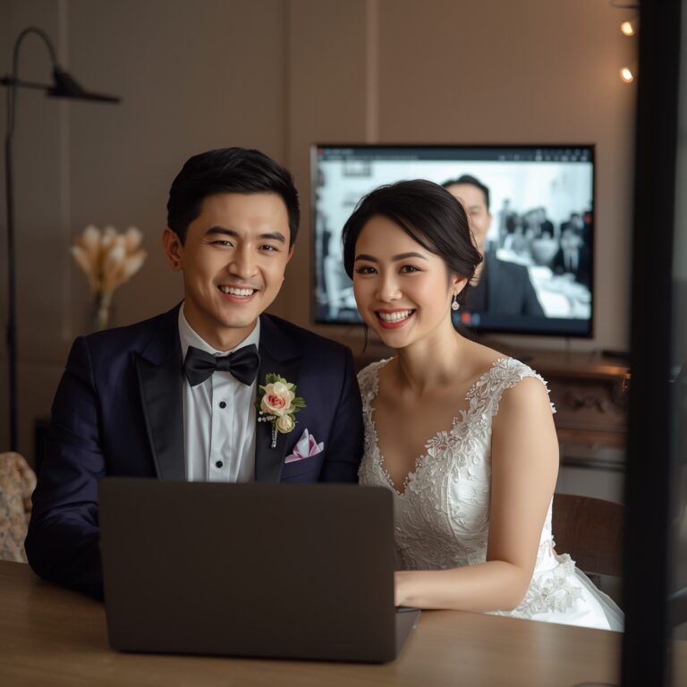 Lucid_Origin_Smiling_Asian_couple_dressed_in_semiformal_weddin_0